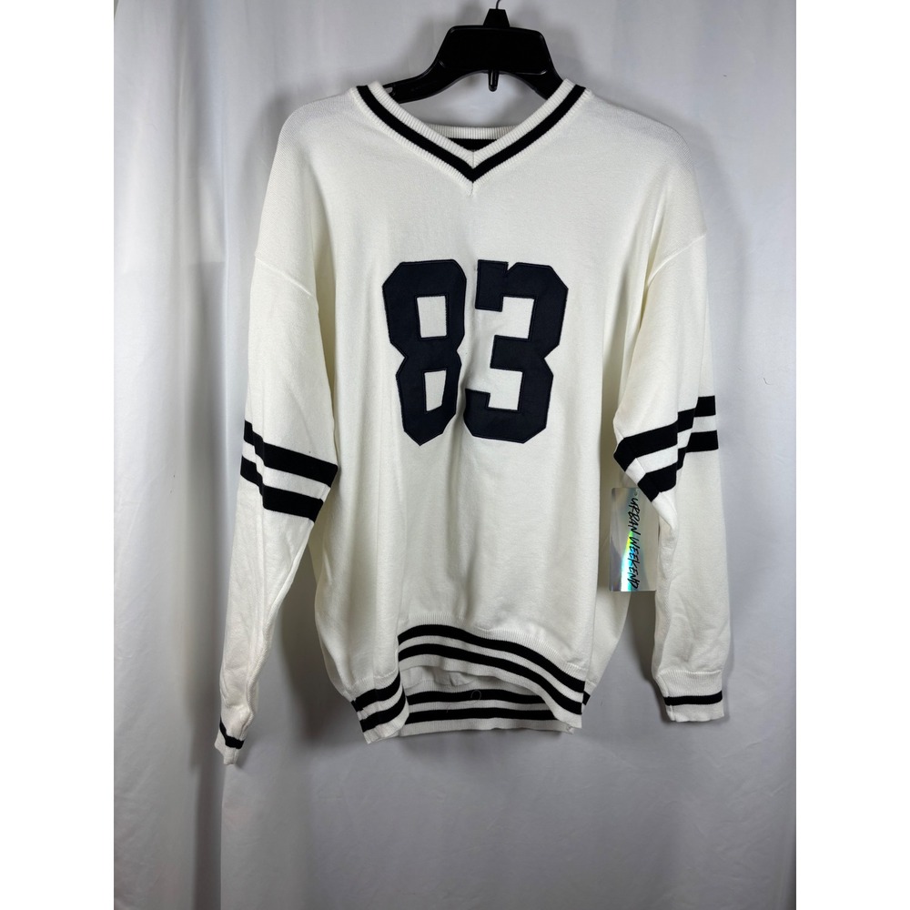 Urban Weekend Womens Varsity V-Neck Sweater White Black 83 Graphic Medium NEW